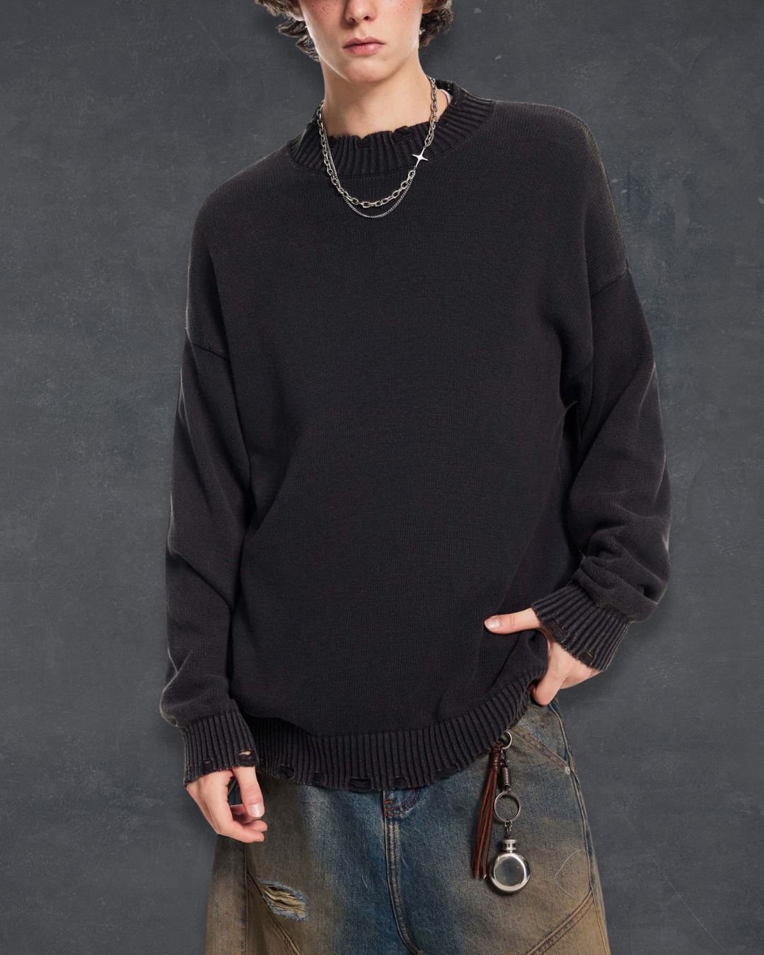 Frayed-Hem Sweater – Obsidian