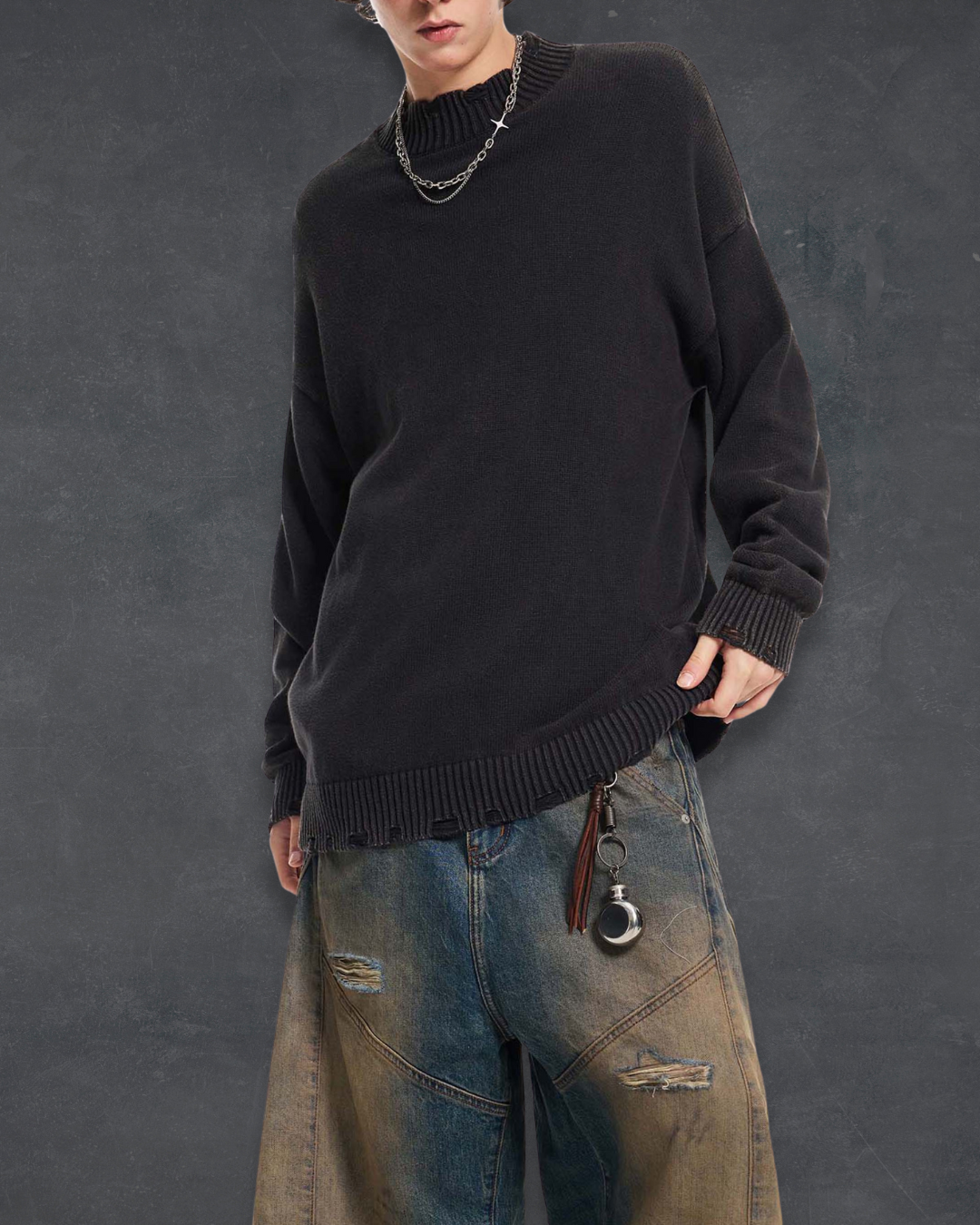 Frayed-Hem Sweater – Obsidian