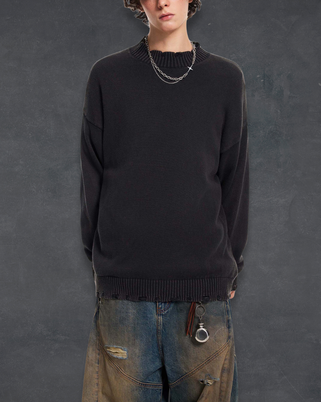 Frayed-Hem Sweater – Obsidian